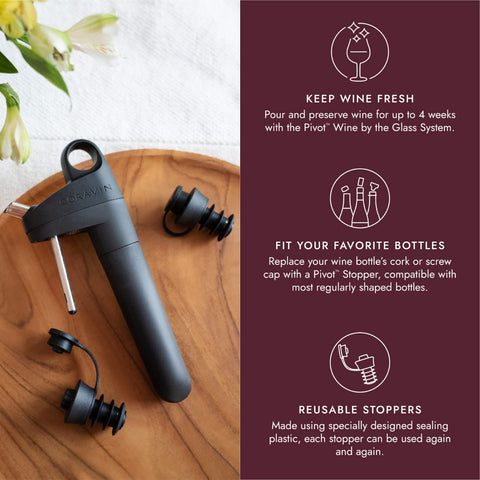 Coravin Pivot Stoppers sealing bottle closeup demonstrates secure seal for longer wine freshness.