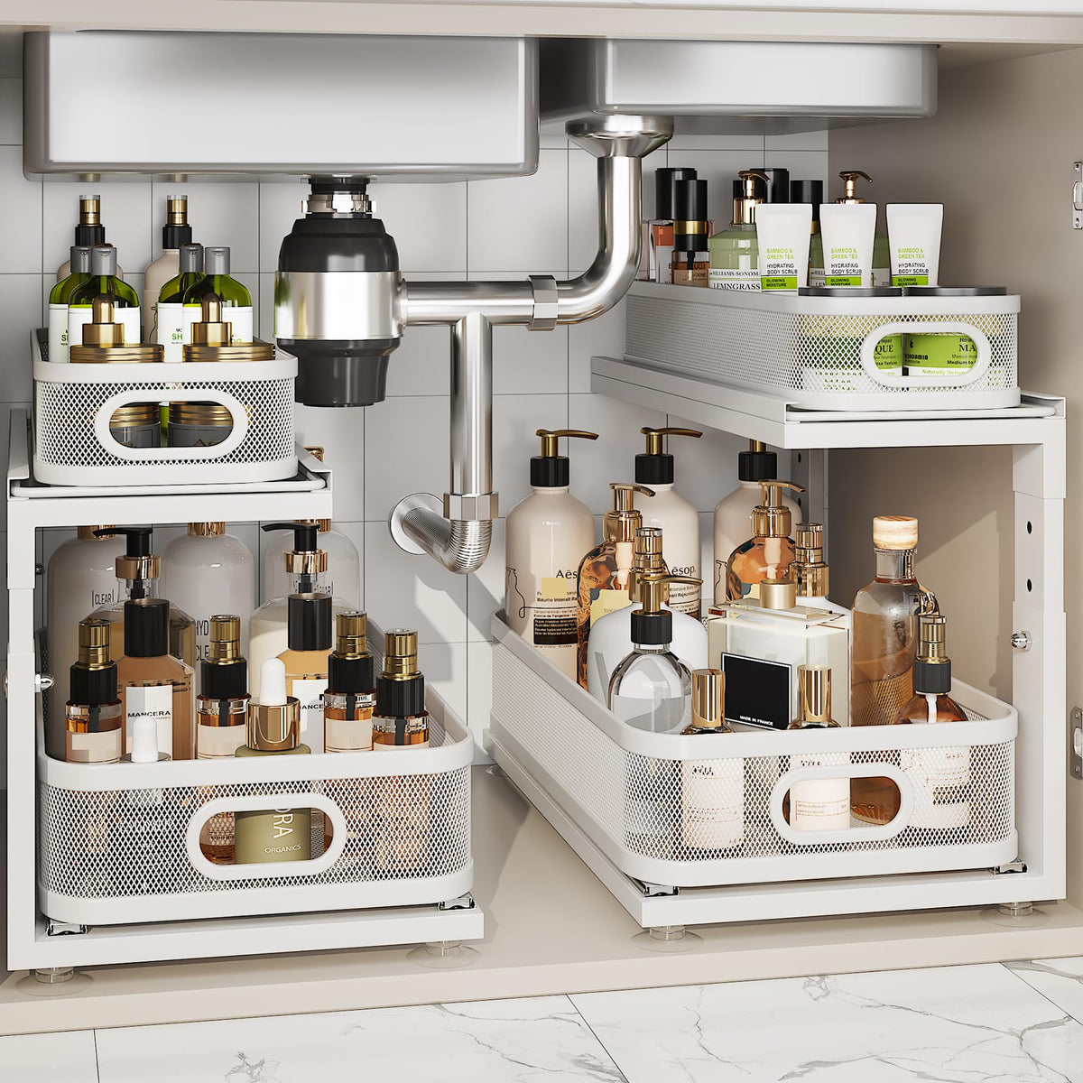 Corbyles under-sink organizer with ball-bearing slides offers smooth, silent operation for cabinets.