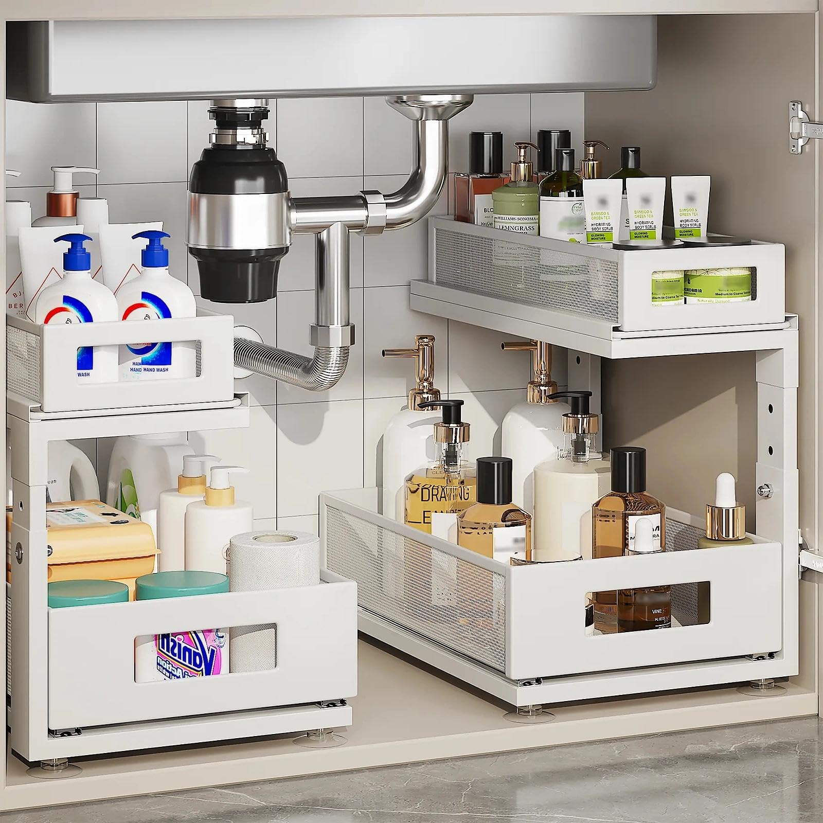 Corbyles under sink organizer ball-bearing slides enable smooth, quiet access to heavy bottles.