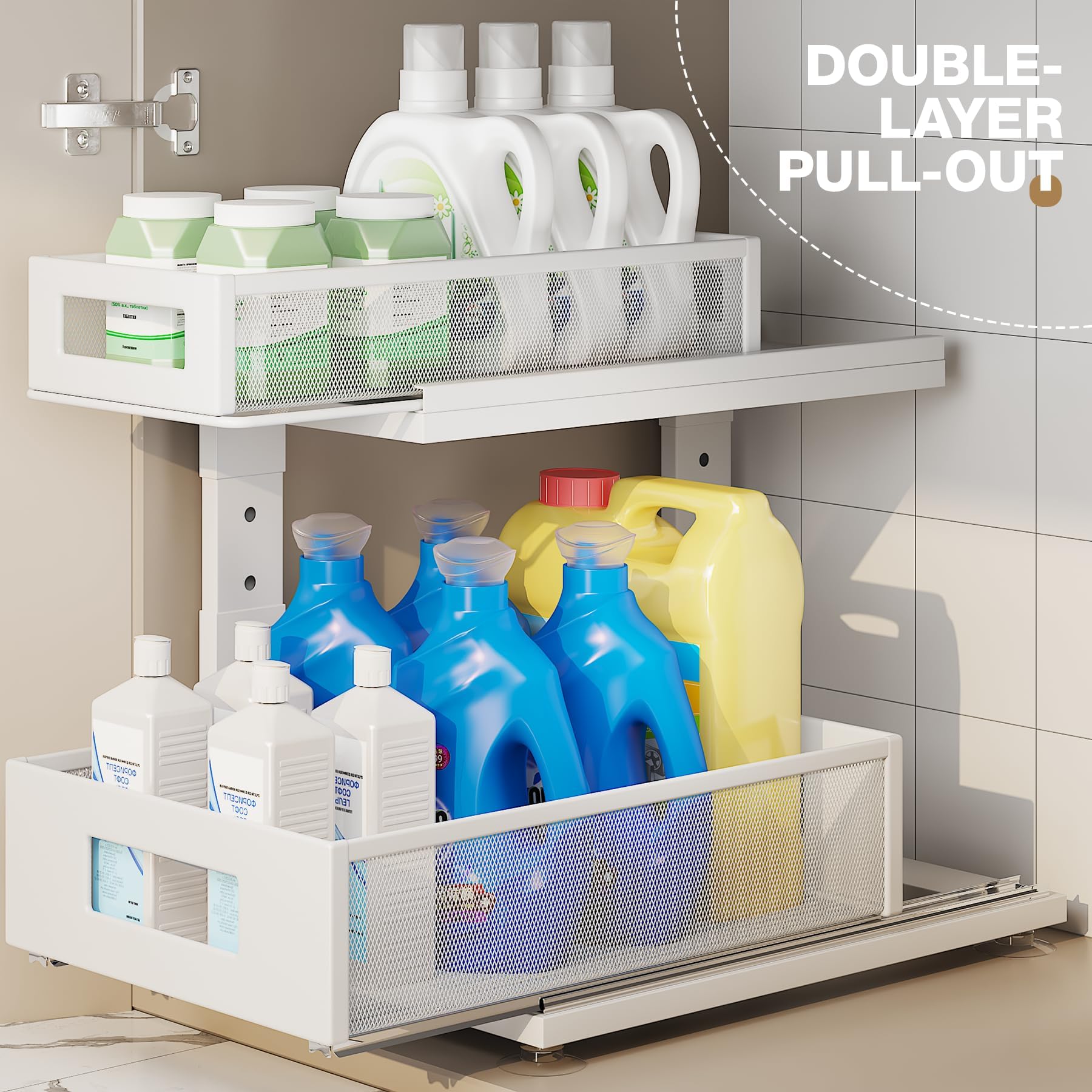Corbyles under sink organizer height adjustable fits 12.8 to 16.9 inches around pipes.