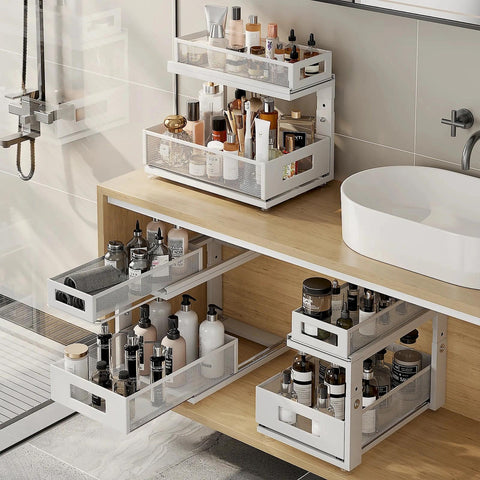 Corbyles under sink organizer space-efficient storage for kitchen, bathroom, and laundry areas.