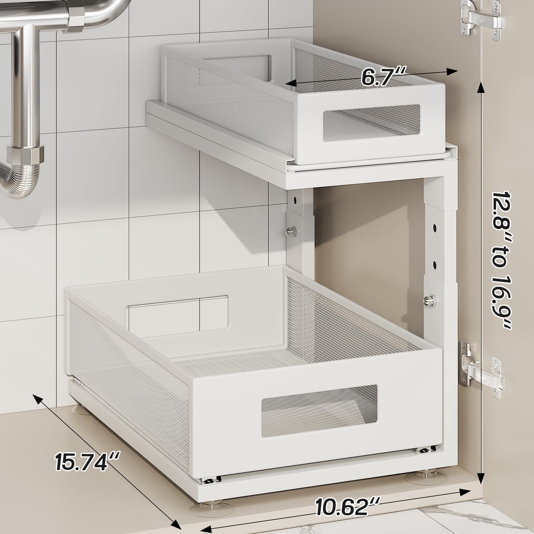 Corbyles under sink organizer two-tier pull-out keeps bottles visible and within reach.
