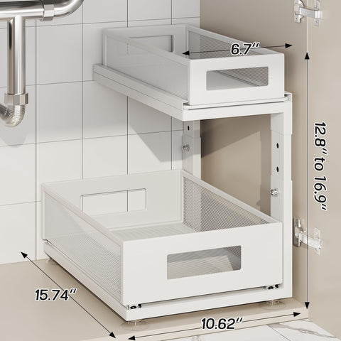 Corbyles under sink organizer two-tier pull-out keeps bottles visible and within reach.