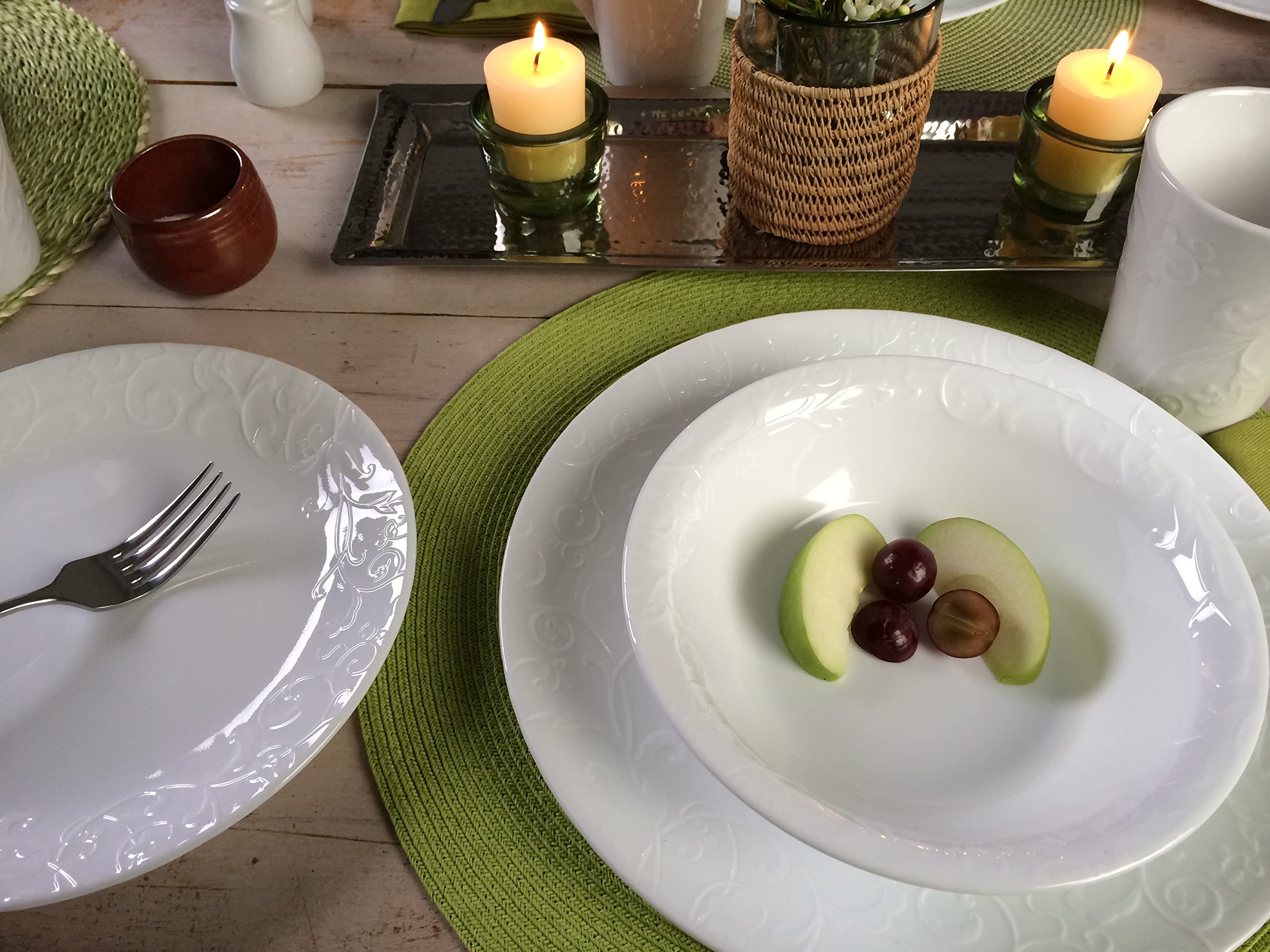 Corelle Bella Faenza neatly stacks in a cabinet, freeing shelf space.