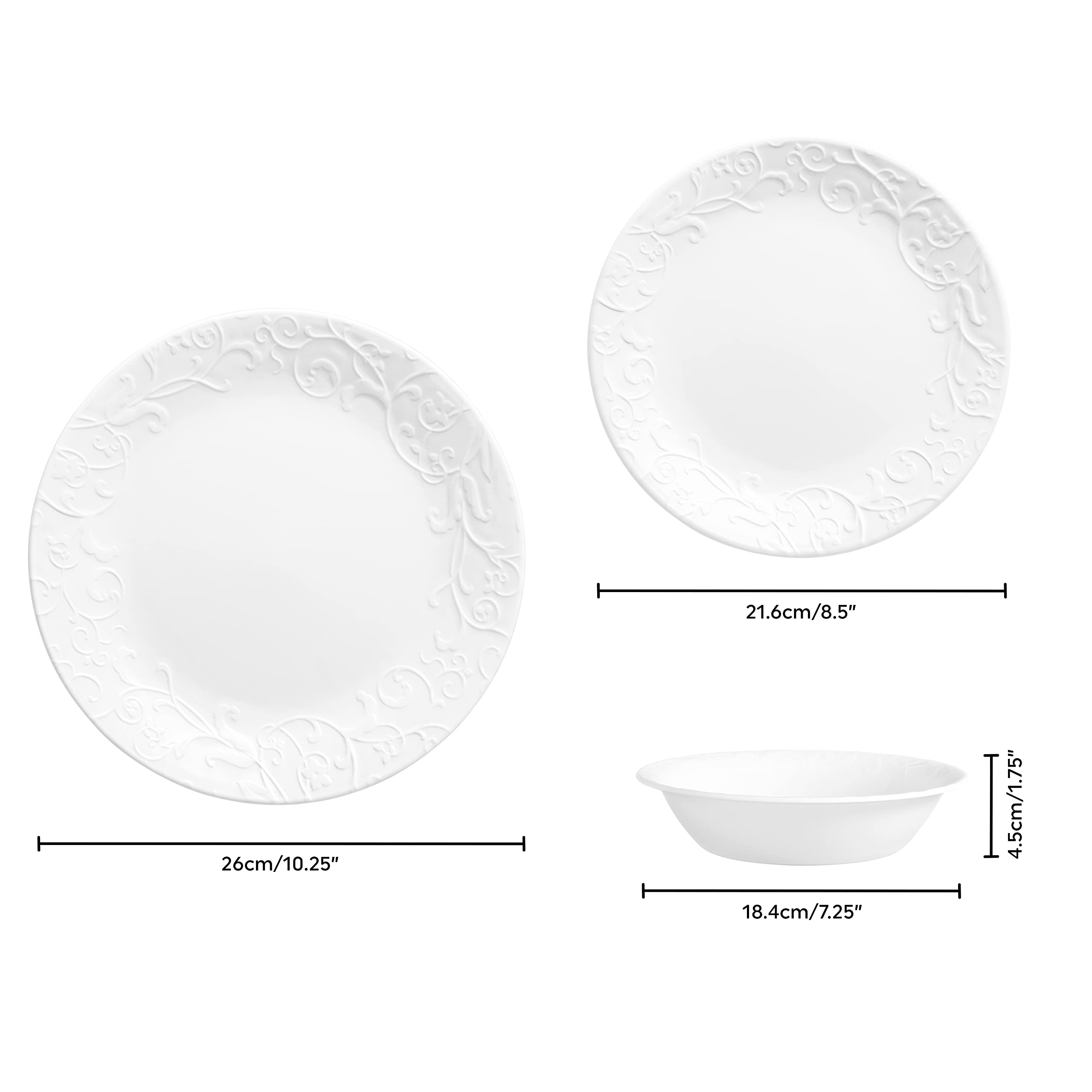 Corelle Bella Faenza stack demonstrates space-saving, compact storage solution.