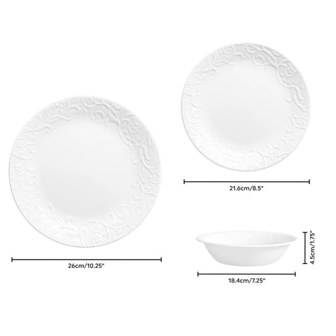 Corelle Bella Faenza stack demonstrates space-saving, compact storage solution.