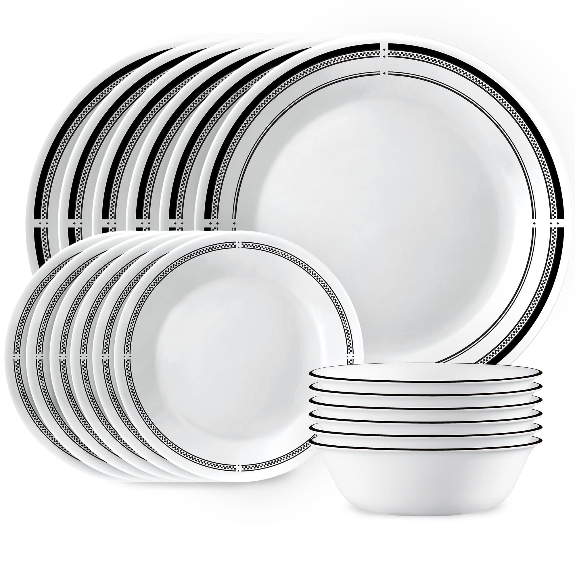 Corelle Brasserie dinner plates with black rim, durable for everyday meals.