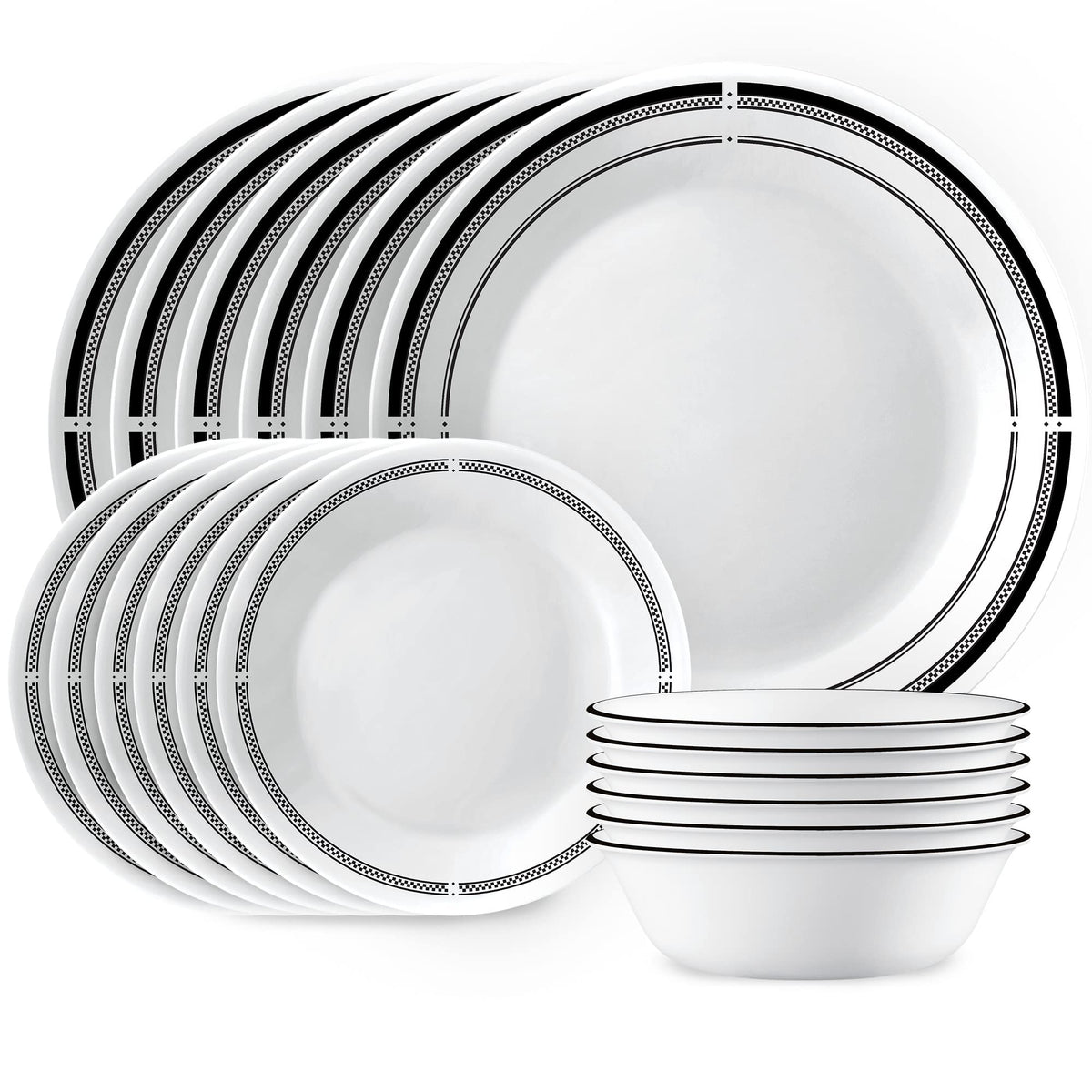 Corelle Brasserie dinner plates with black rim, durable for everyday meals.