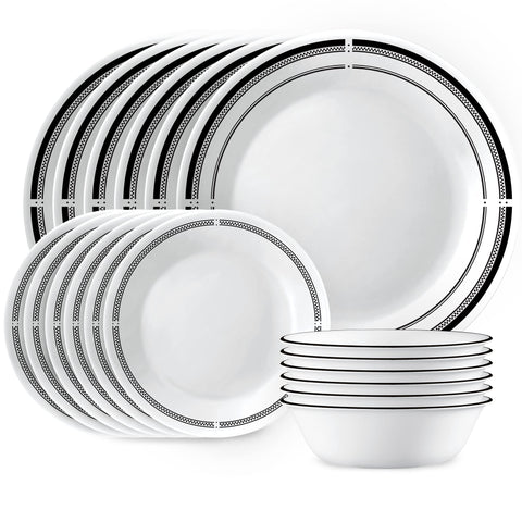 Corelle Brasserie dinner plates with black rim, durable for everyday meals.