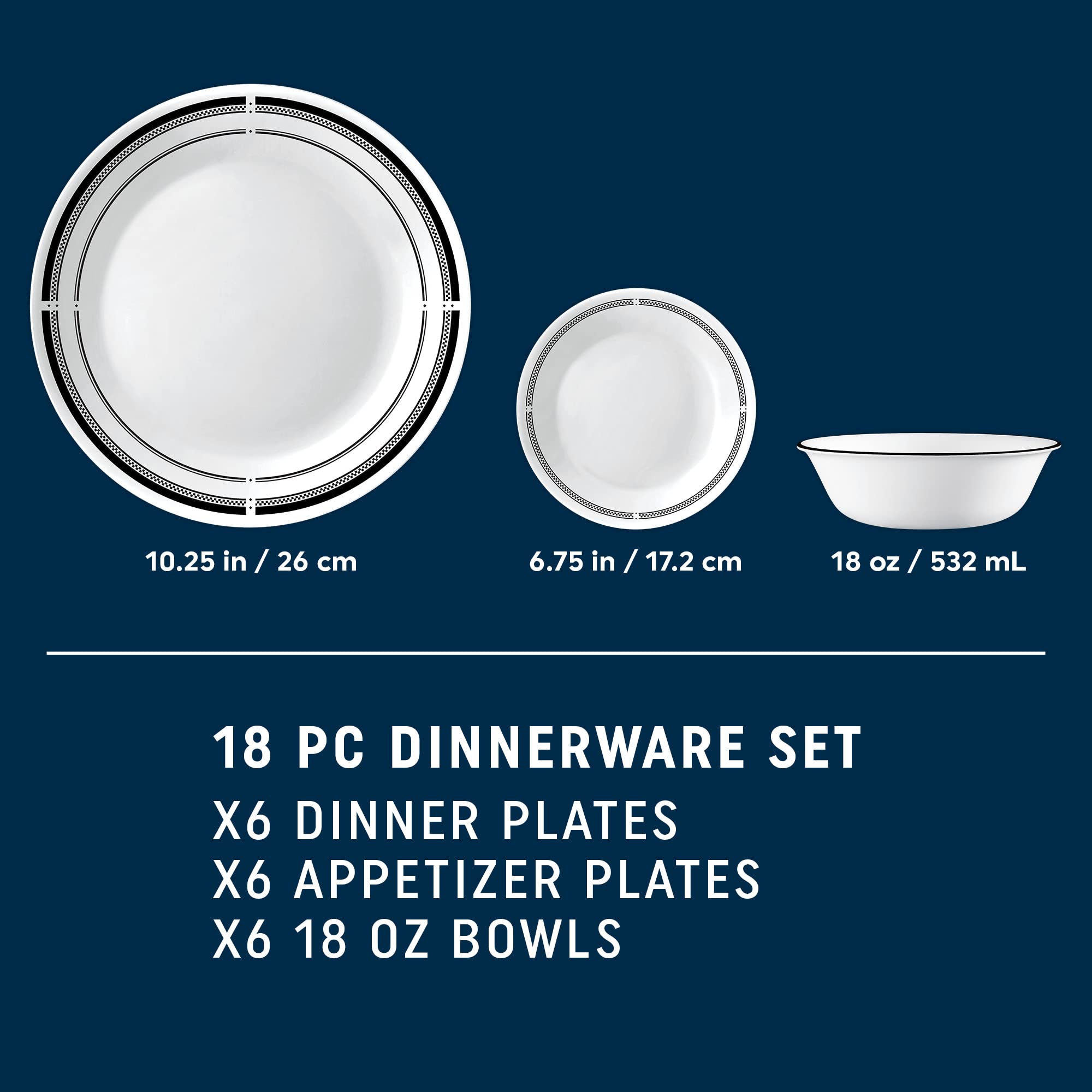 Corelle Brasserie set features classic black rims to elevate any décor.