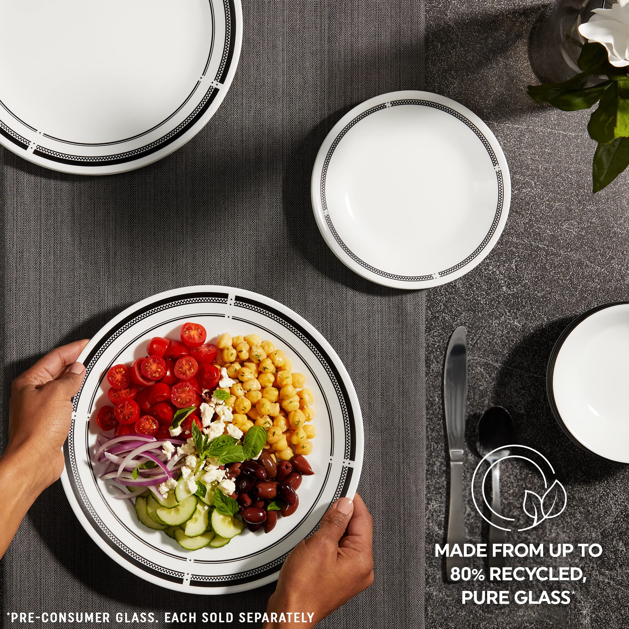 Corelle Brasserie dishware stacks compactly for easy cabinet storage.