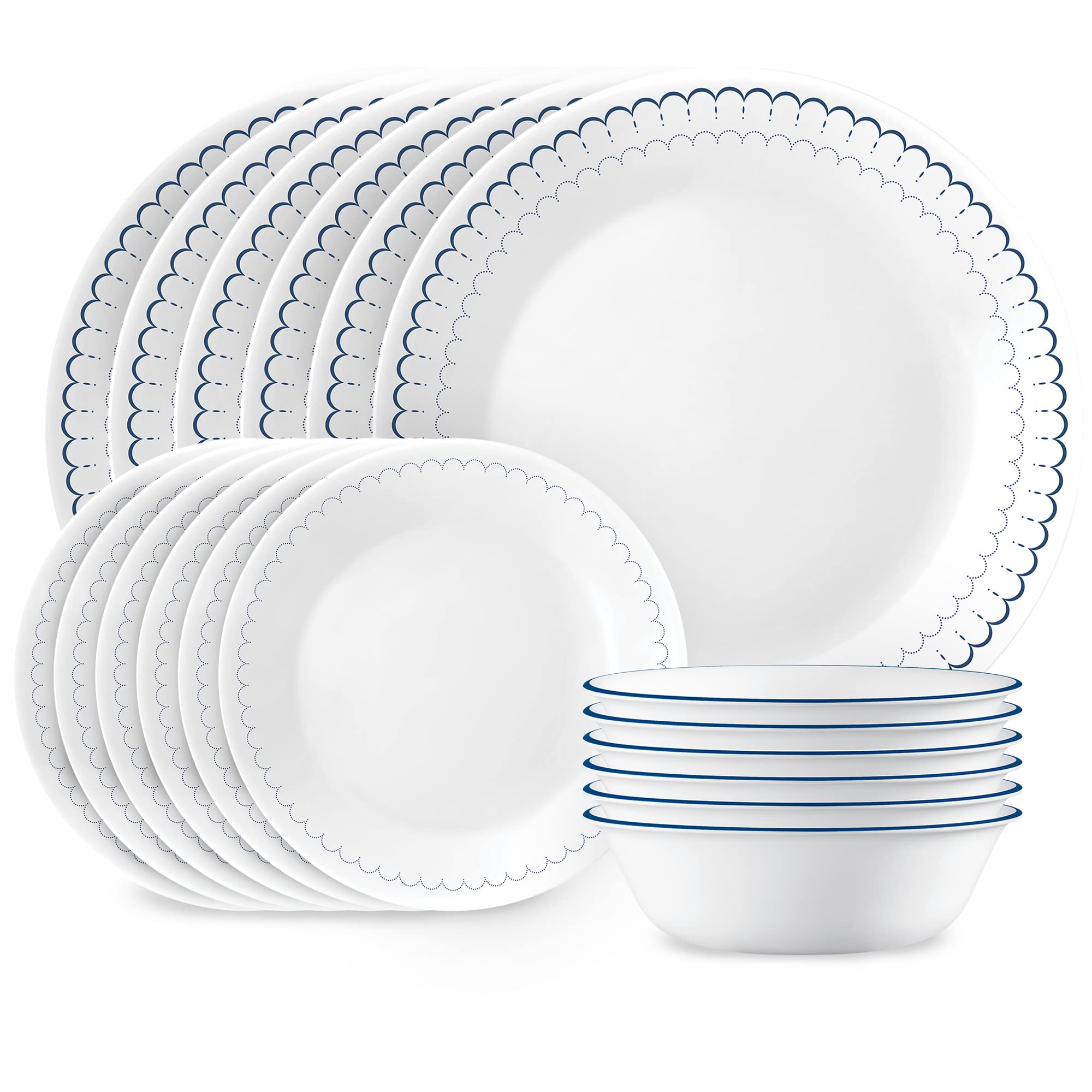 Corelle Caspian dinner plates with white surface and navy trim, ideal for daily meals.
