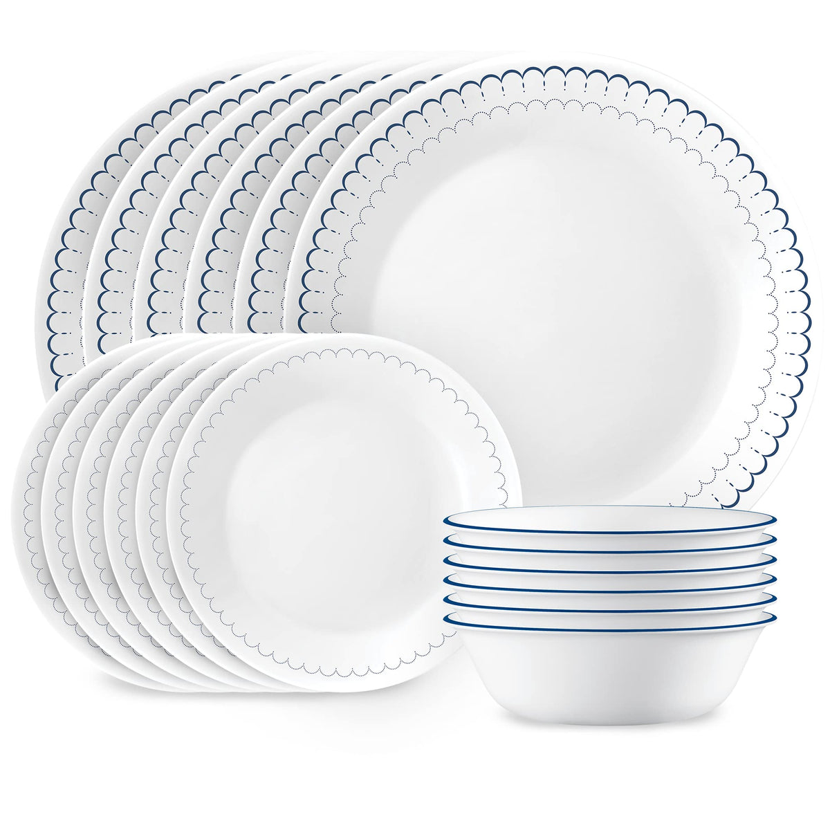 Corelle Caspian dinner plates with white surface and navy trim, ideal for daily meals.