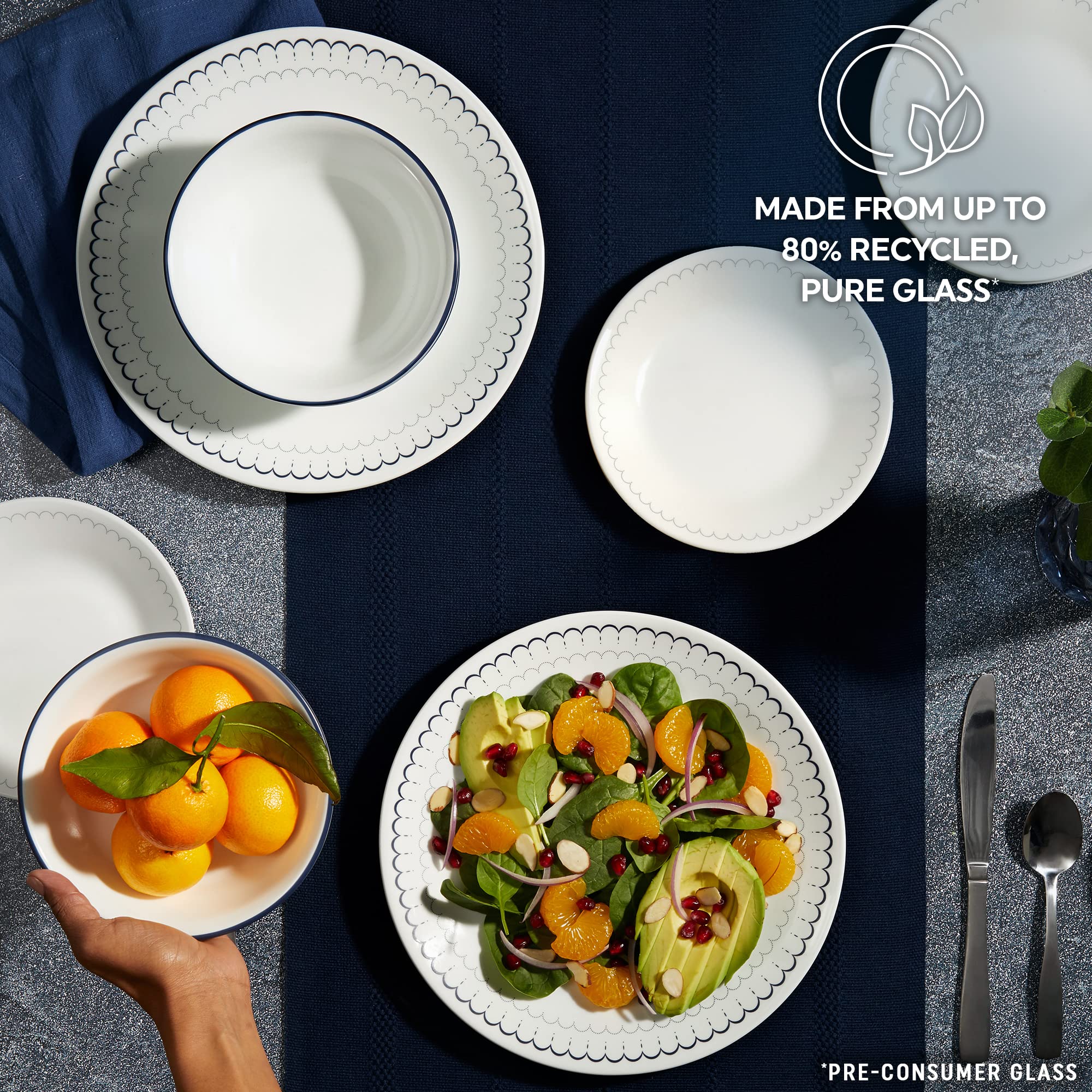Corelle Caspian navy trim adds timeless charm to casual dining.