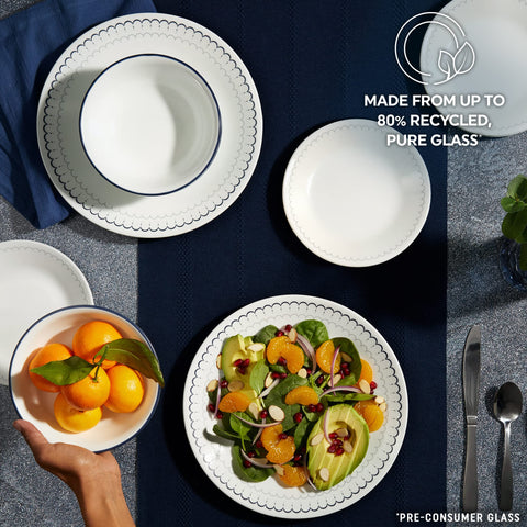 Corelle Caspian navy trim adds timeless charm to casual dining.