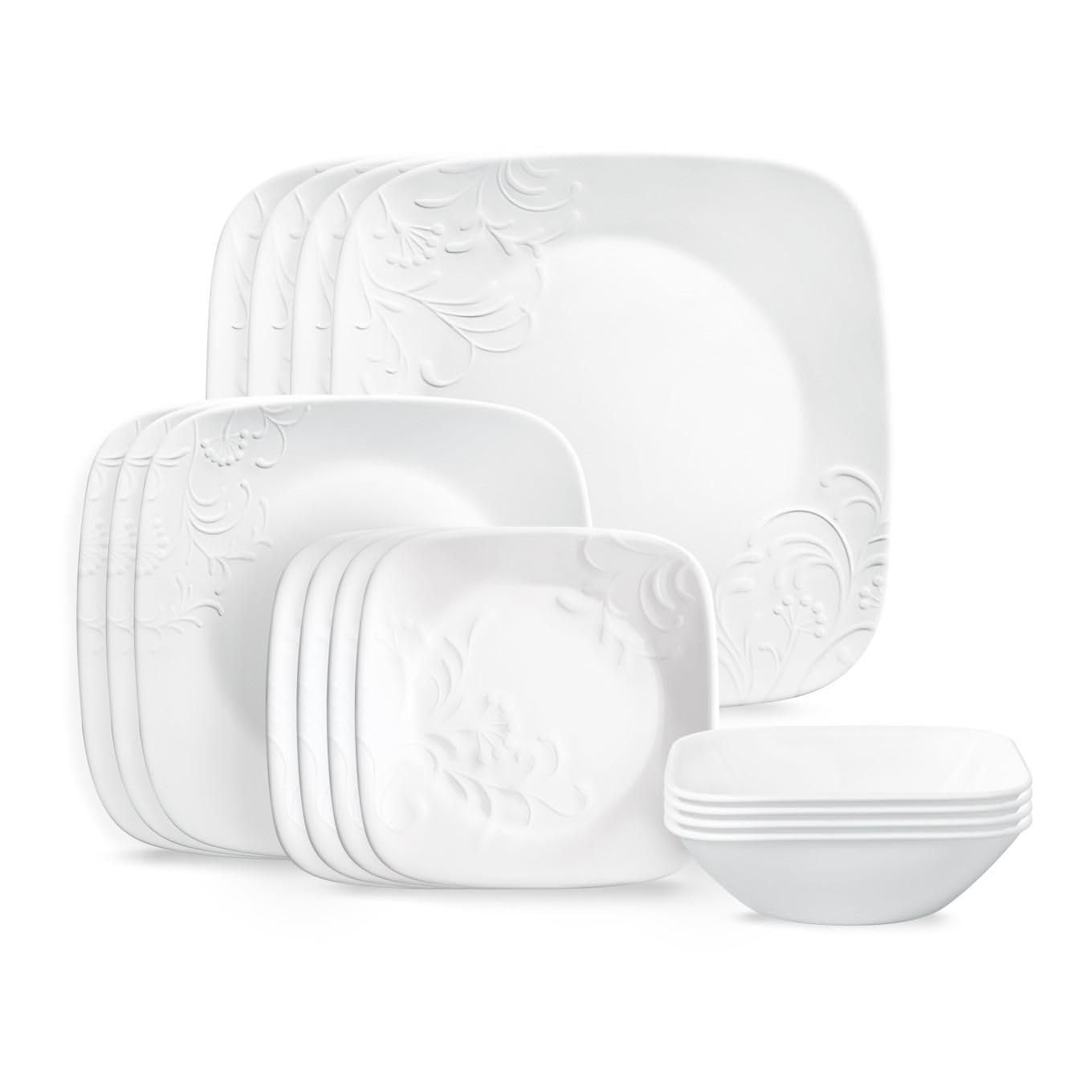 Corelle Cherish square 16pc dinnerware set, lightweight and chip-resistant, great for everyday meals.
