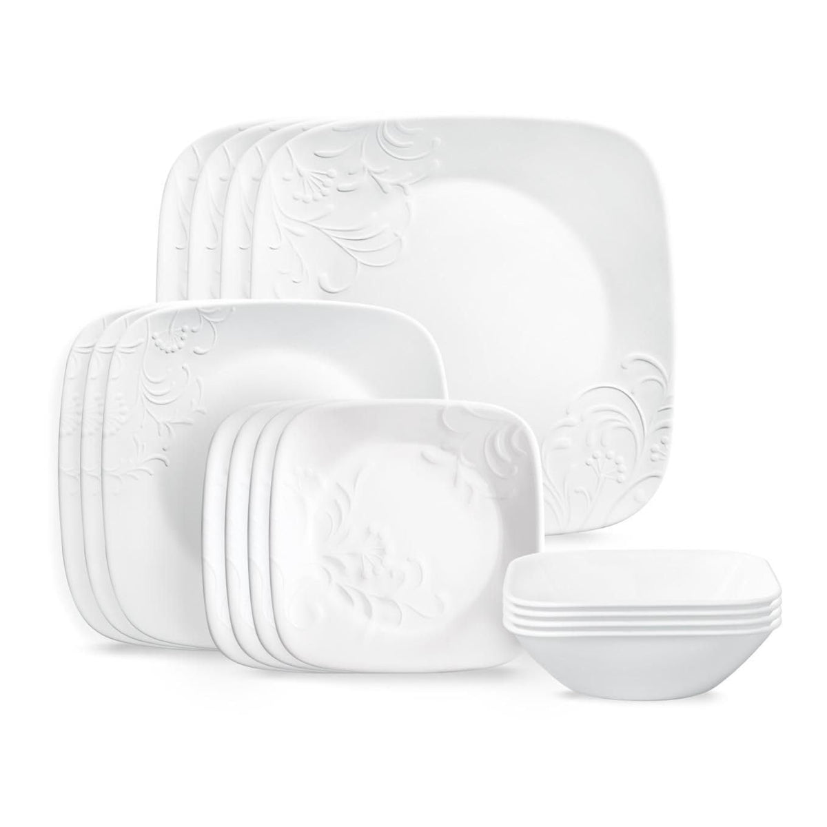 Corelle Cherish square 16pc dinnerware set, lightweight and chip-resistant, great for everyday meals.