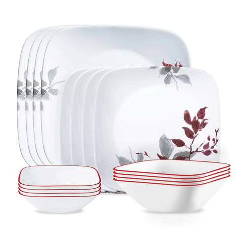 Corelle Kyoto Leaves dinner plates viewed front and center, showcasing durability and pattern