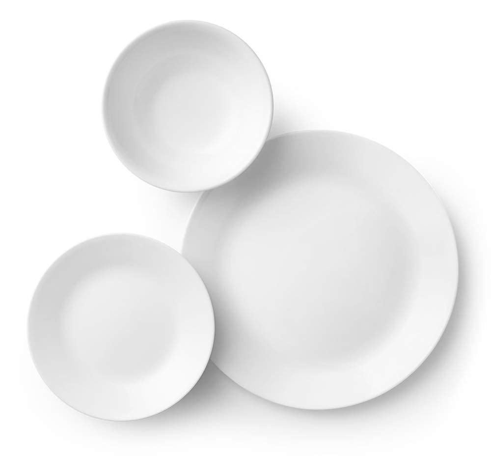 Corelle bread and butter plates in Winter Frost White, lightweight and easy to stack.