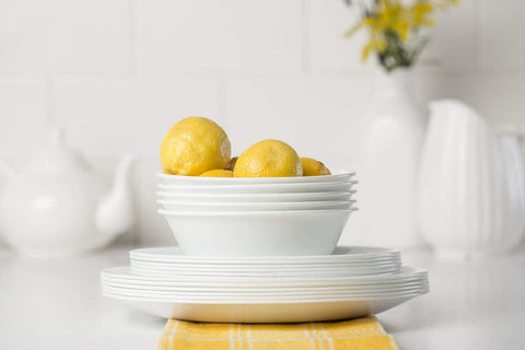 Corelle set is microwave, dishwasher, and oven safe for convenience.