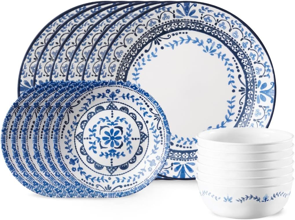 Corelle Portofino dinner plate close-up with blue tile motif, ideal for everyday dining.