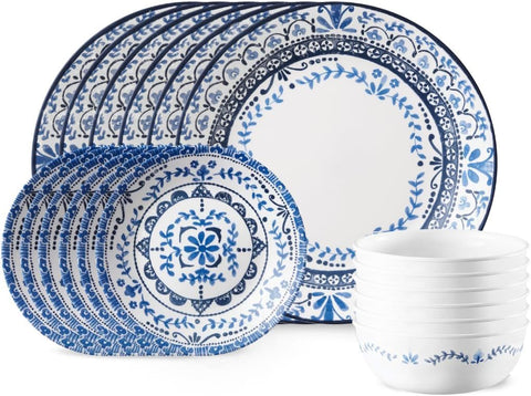 Corelle Portofino dinner plate close-up with blue tile motif, ideal for everyday dining.