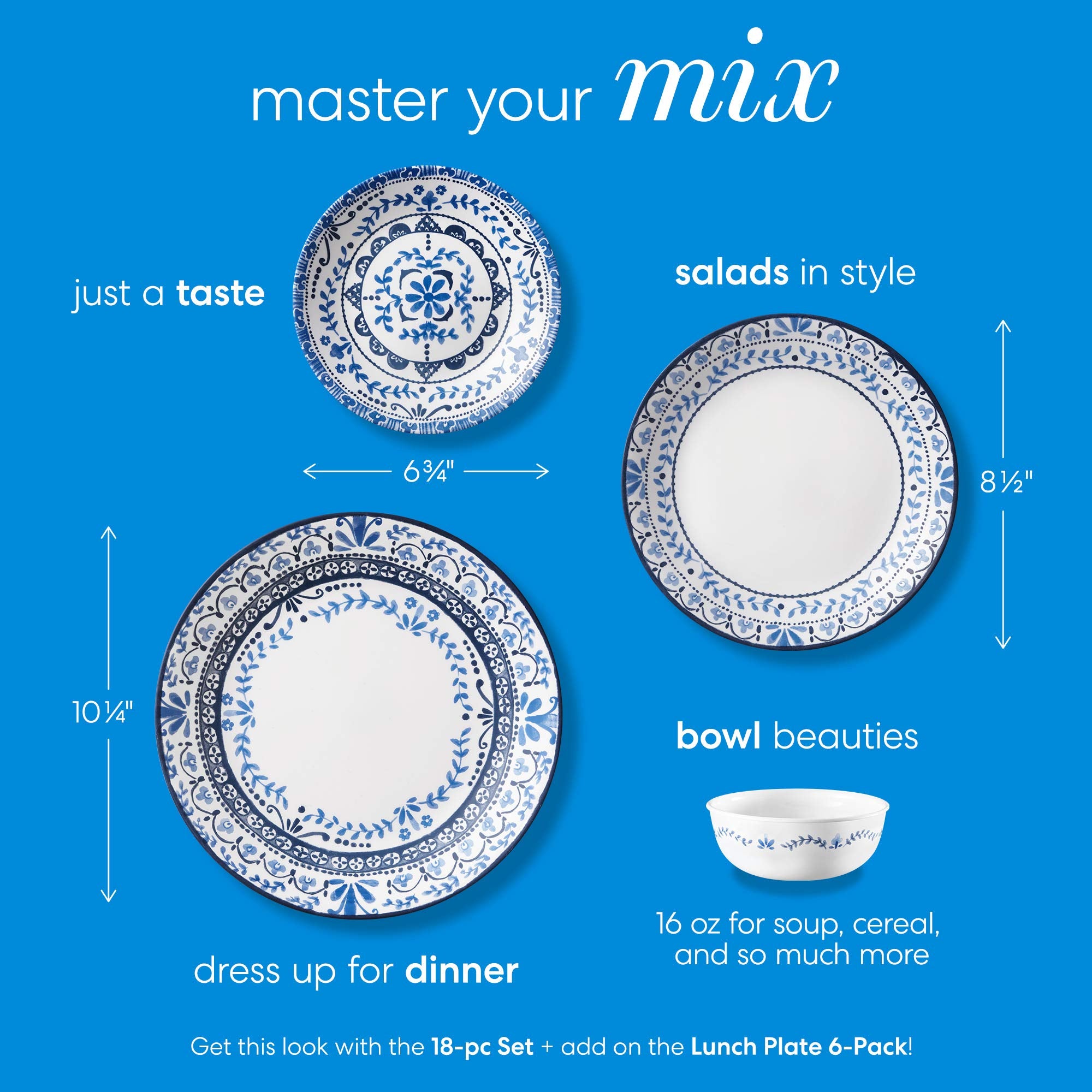 Corelle Portofino table setting outdoors with blue tile pattern and coastal vibe.