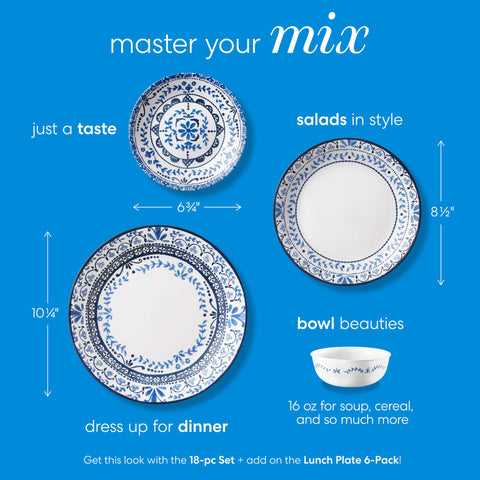 Corelle Portofino table setting outdoors with blue tile pattern and coastal vibe.