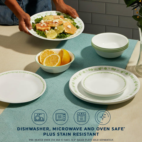 Close-up of Corelle Spring Blossom Green pattern for a fresh-table look.