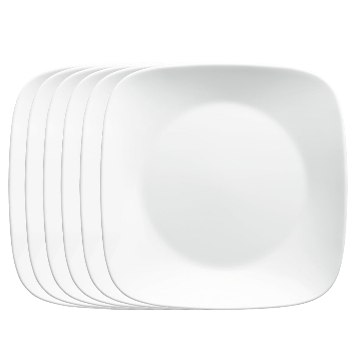 Corelle square Pure White 9-inch plates shown for everyday meals, lightweight and stackable.