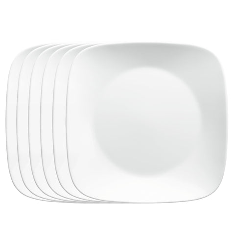 Corelle square Pure White 9-inch plates shown for everyday meals, lightweight and stackable.