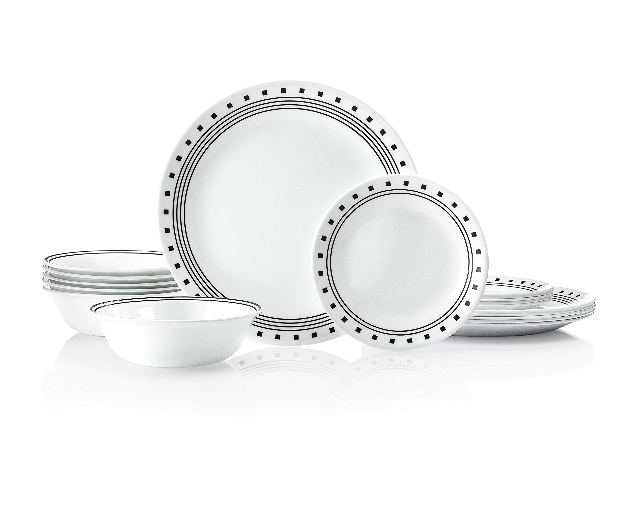 Corelle Vitrelle 18-piece dinner plates, city-block design, lightweight and durable for daily meals