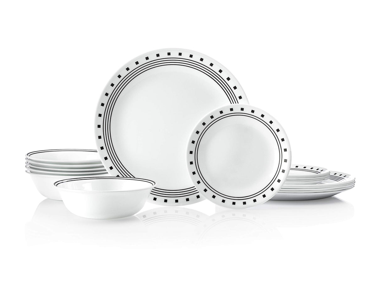 Corelle Vitrelle 18-piece dinner plates, city-block design, lightweight and durable for daily meals