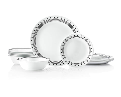 Corelle Vitrelle 18-piece dinner plates, city-block design, lightweight and durable for daily meals