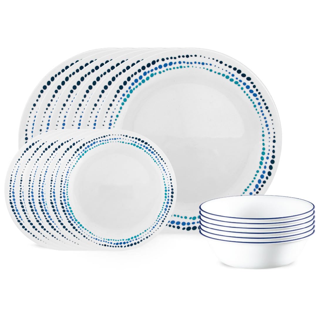 Corelle Vitrelle 18-piece dinner plates, lightweight and chip resistant.