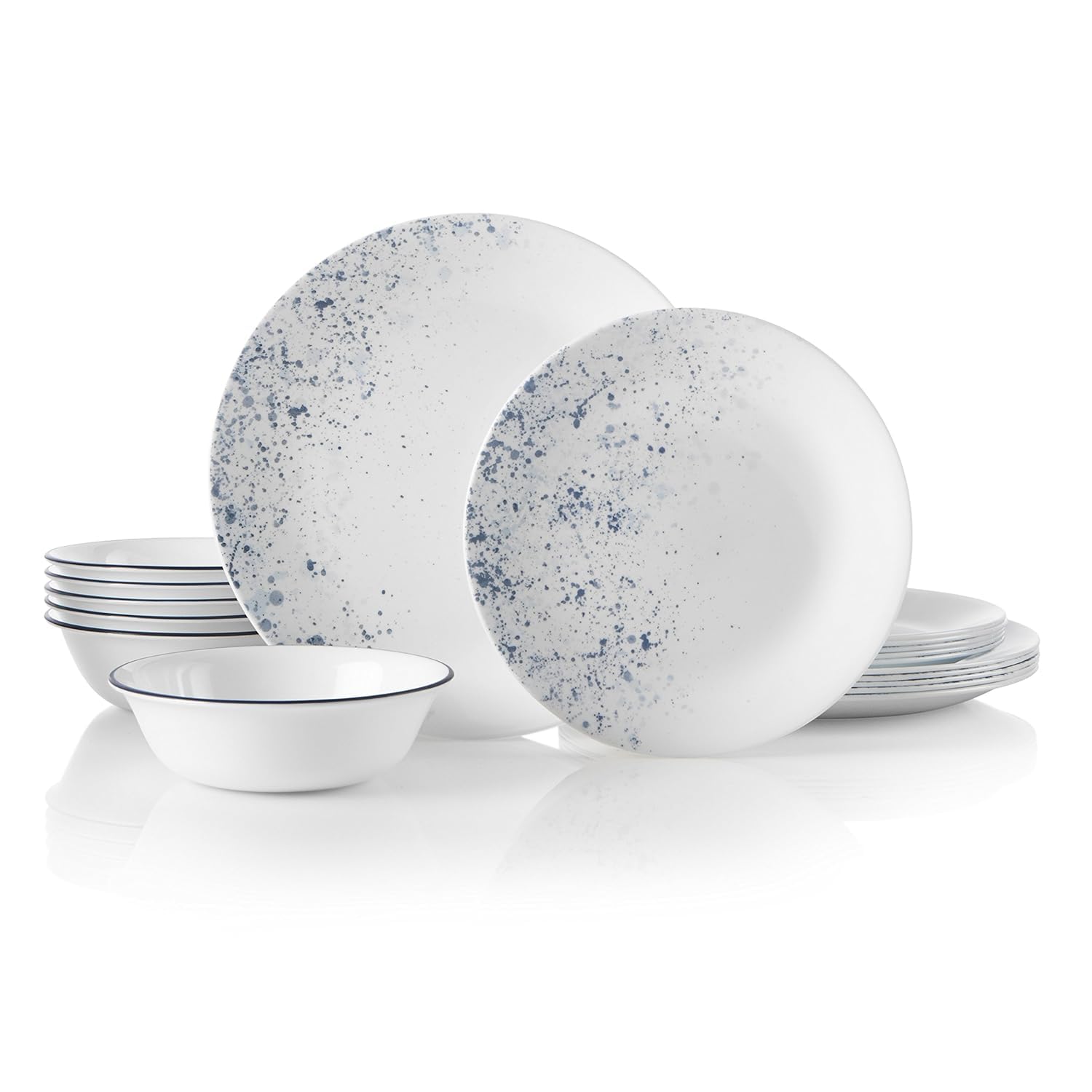 Corelle Vitrelle Indigo Speckle dinner plates show durable, chip-resistant performance.
