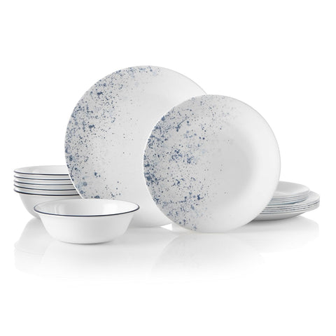 Corelle Vitrelle Indigo Speckle dinner plates show durable, chip-resistant performance.