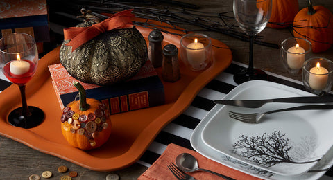Corelle Vitrelle Timber Shadows table setting with full 18-piece service