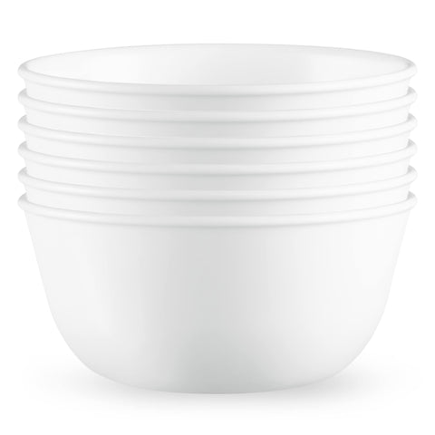 Corelle Vitrelle 28-oz soup bowl in Winter Frost White shows crystal clarity and durability for daily meals.