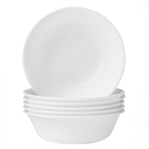 Corelle Vitrelle 6pc soup bowls in Winter Frost White, lightweight yet durable for everyday meals.