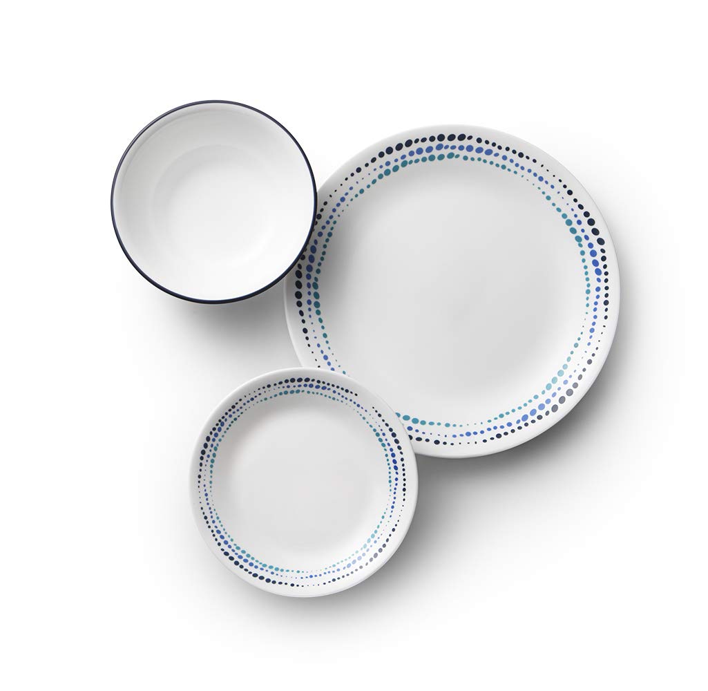 Corelle Vitrelle appetizer plates with blue dots, easy to stack and clean.