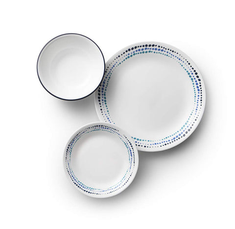 Corelle Vitrelle appetizer plates with blue dots, easy to stack and clean.