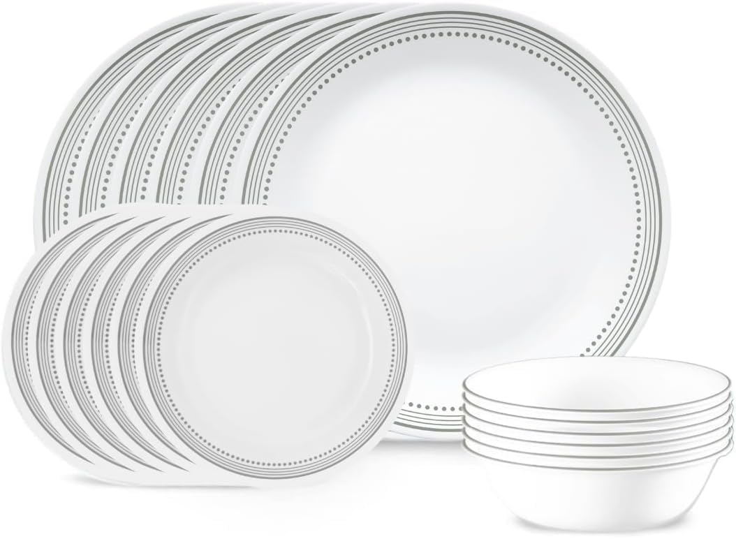 Corelle Vitrelle dinner plates in Mystic Gray, lightweight and strong for everyday meals.