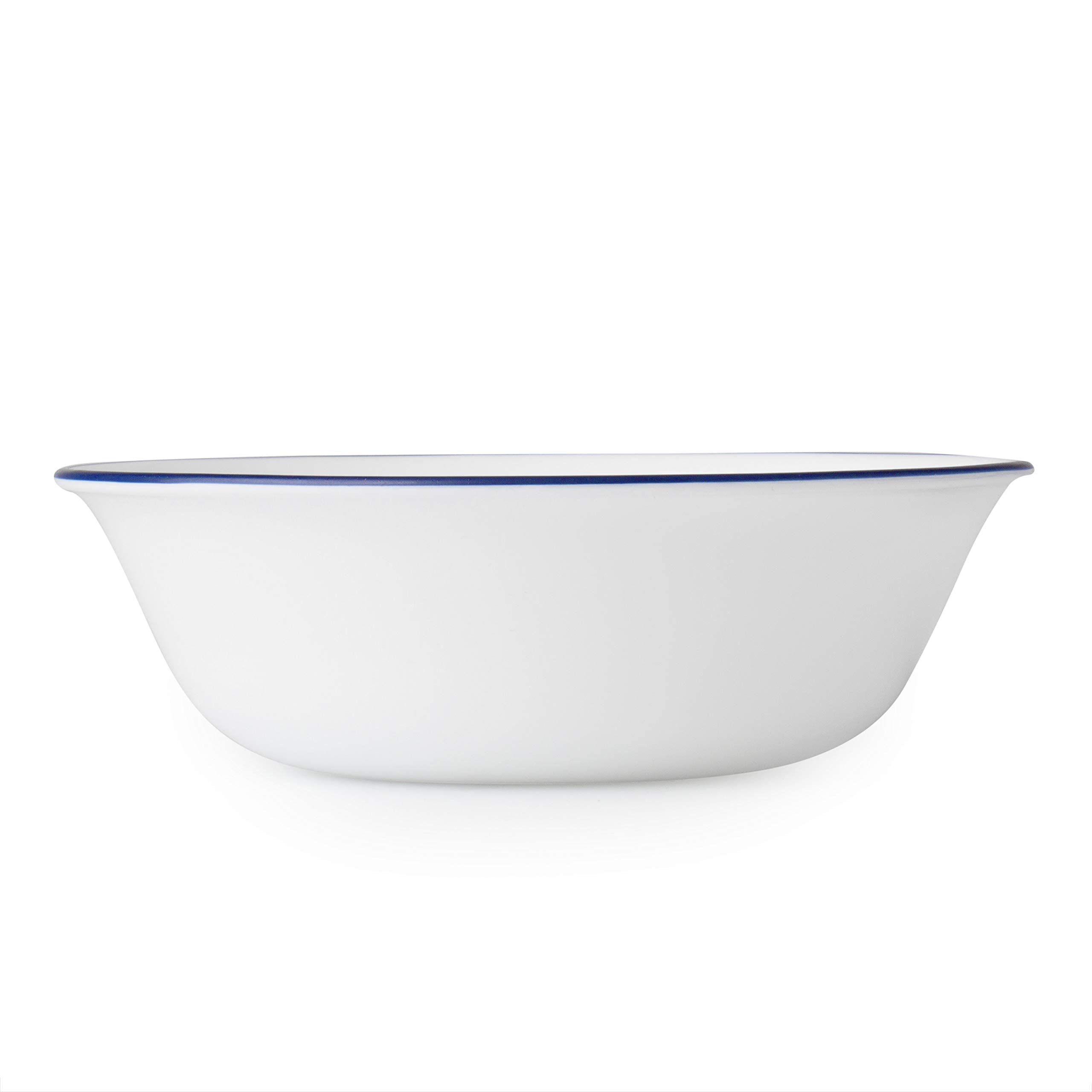 Close-up of Corelle Vitrelle Indigo Speckle bowls with blue rims.