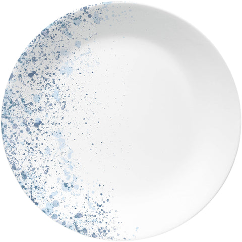 Close-up of Corelle Vitrelle Indigo Speckle plates with painterly glaze.