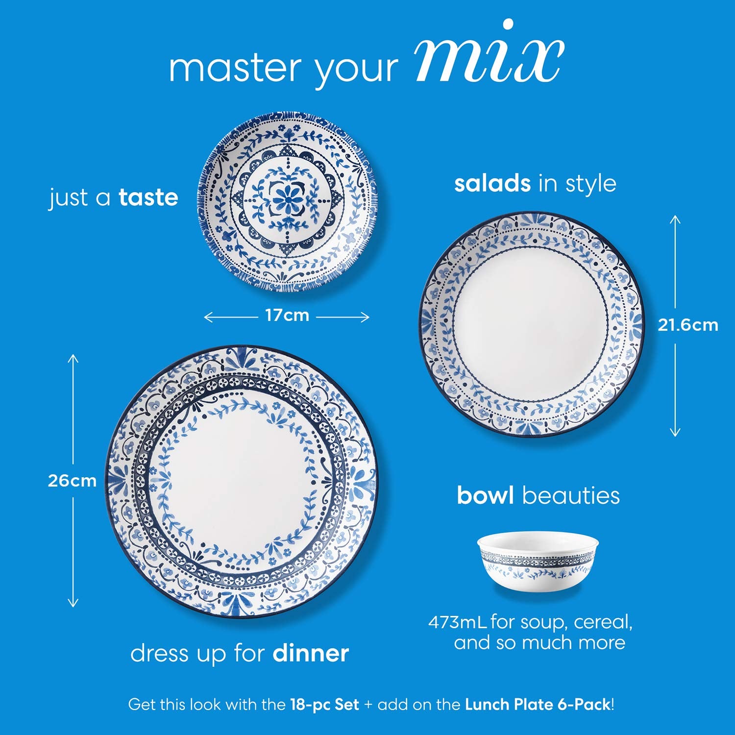 Corelle Vitrelle Caspian pattern salad plate closeup showing chip-resistance.
