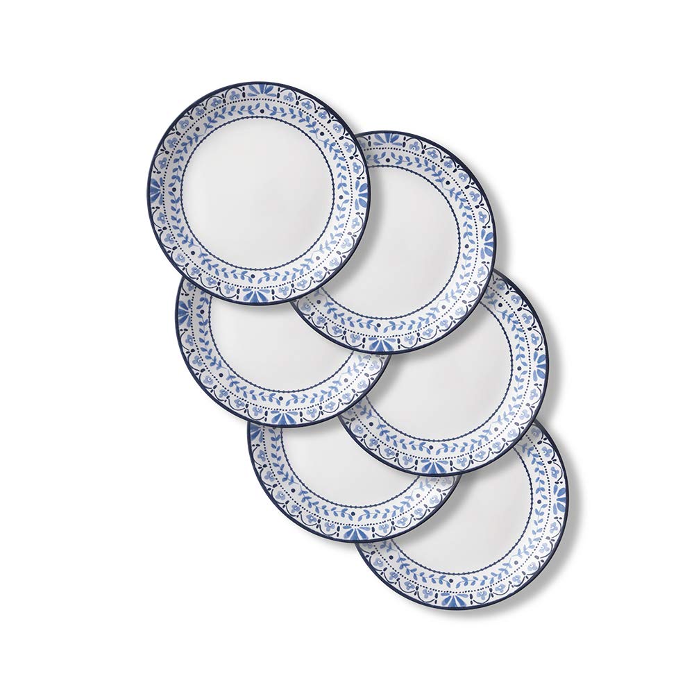 Corelle Vitrelle Portofino pattern salad plate on table, lightweight and durable.