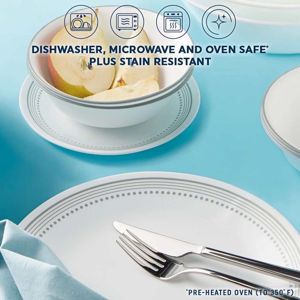 Table setting with Corelle Vitrelle Mystic Gray demonstrates lightweight, space-saving design.