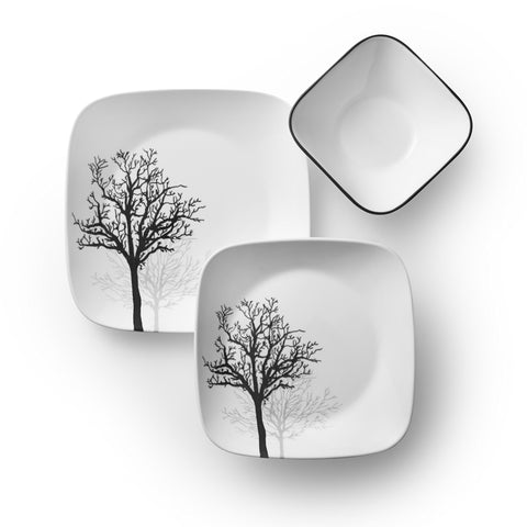 Corelle Vitrelle Timber Shadows tree silhouettes closeup for elevated dinner visuals