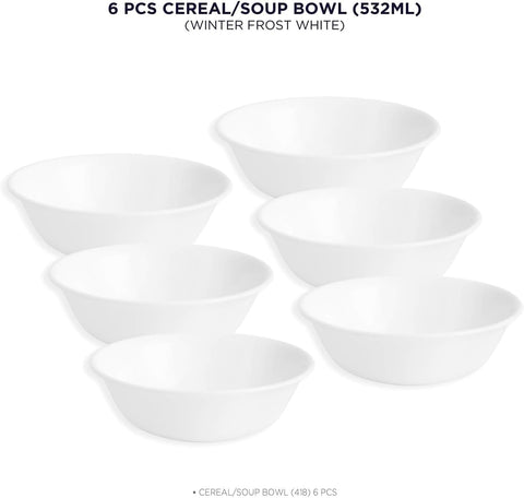 Corelle Winter Frost White bowls stacked neatly to save cabinet space.